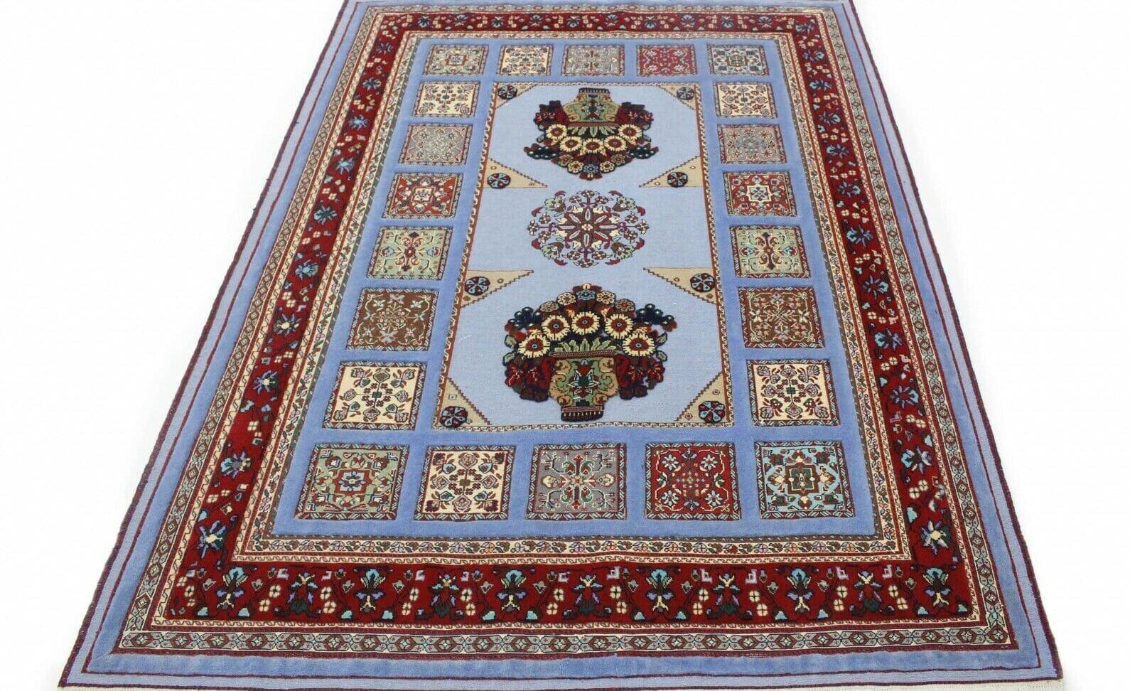 **Klassischer Orientteppich Kelim Hellblau 240x180 cm - Geometrisches Muster mit Medallion und roter Bordüre, Kurzflor, handgeknüpft, Perserteppich**
