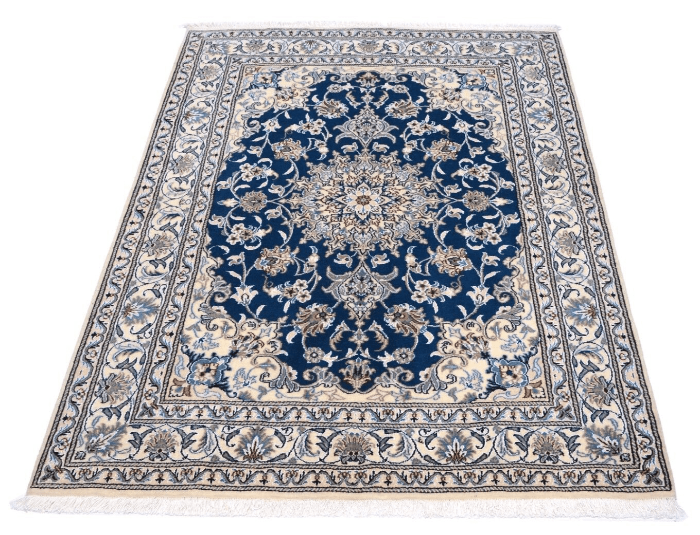 **Handgeknüpfter Perserteppich Nain 197 x 147 cm - 300.000 Knoten/m², Royalblau, Floralmotiv mit Medaillon, Neu**