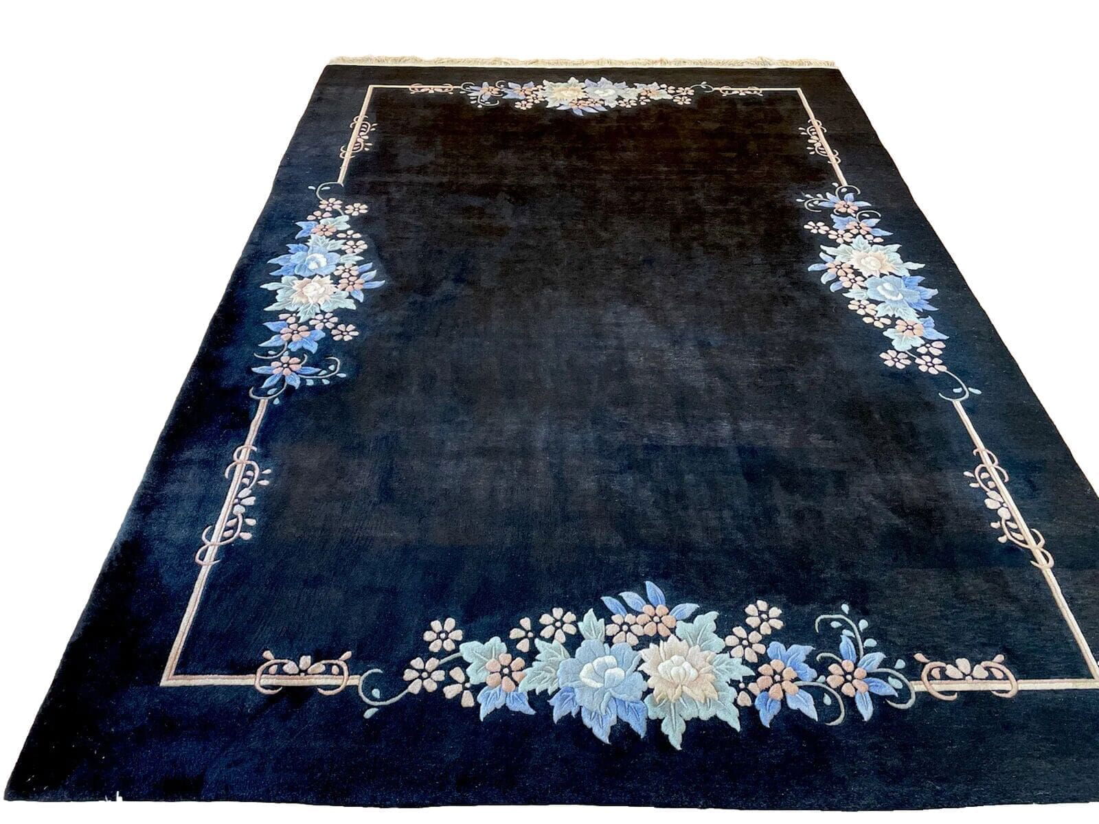 **Klassischer Peking China Teppich 350x250 cm – Hochflor ca. 2cm, schwarzes Feld ohne Bordüre, sehr feine Qualität, 100% handgeknüpft, Perserteppich**