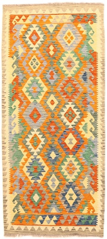 Handgewebter Kelim-Teppich 198x88 cm – Geometrisches Design, bunt, orientalisch