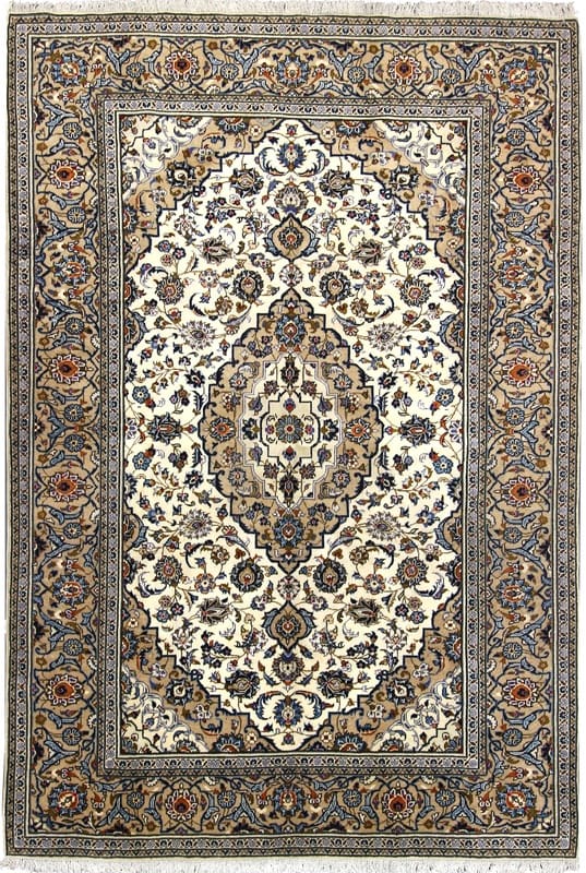 Kashan Teppich 298x199 cm, cremefarben mit Vanille-Bordüre, handgeknüpft