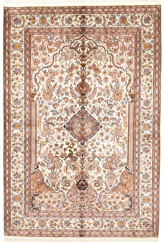 Kashmir-Seidenteppich 188x126 cm, feine Muster, handgeknüpft