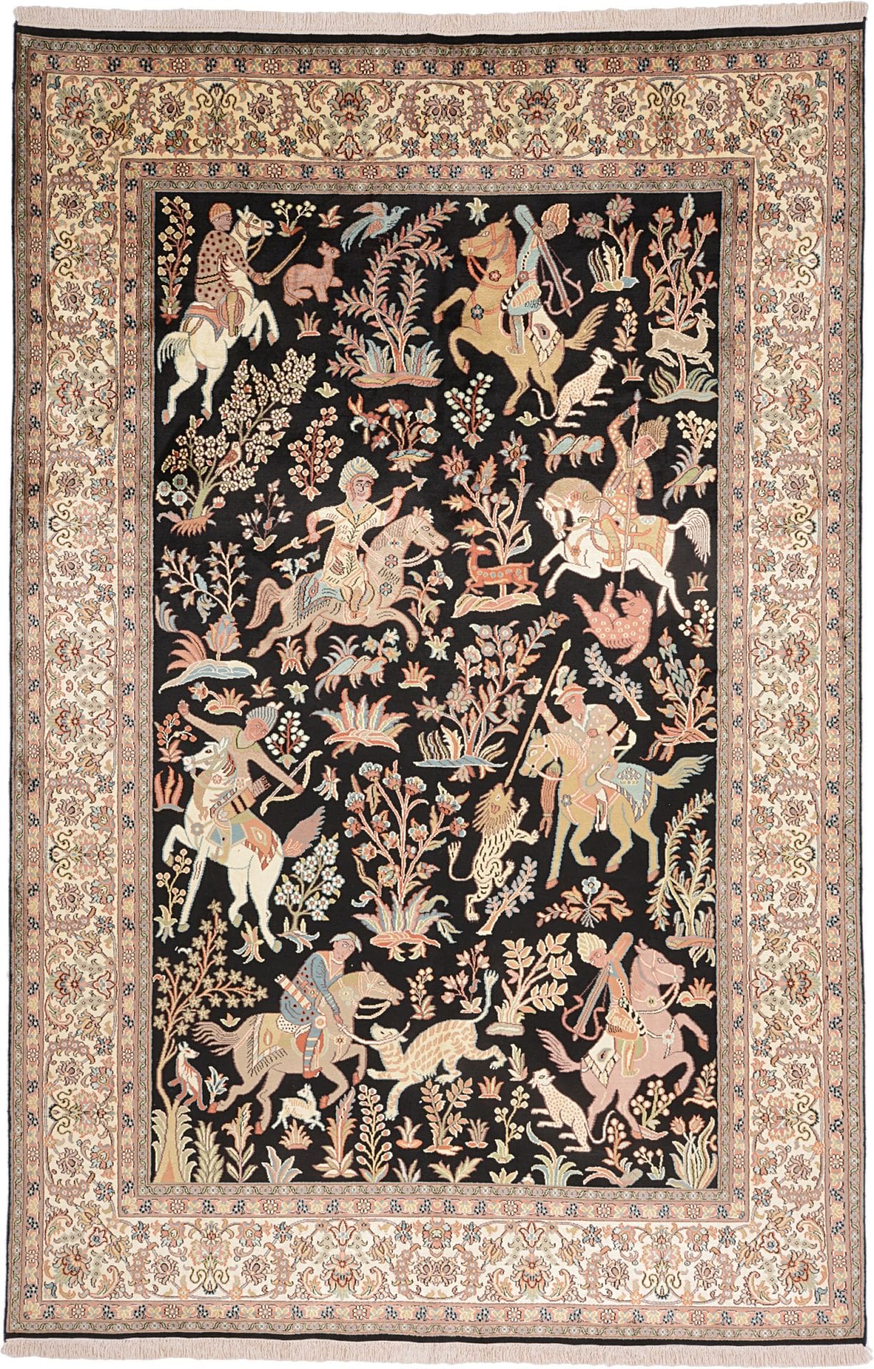Kashmirseide Teppich 186 x 283cm, florale Pastellfarben, handgeknüpft