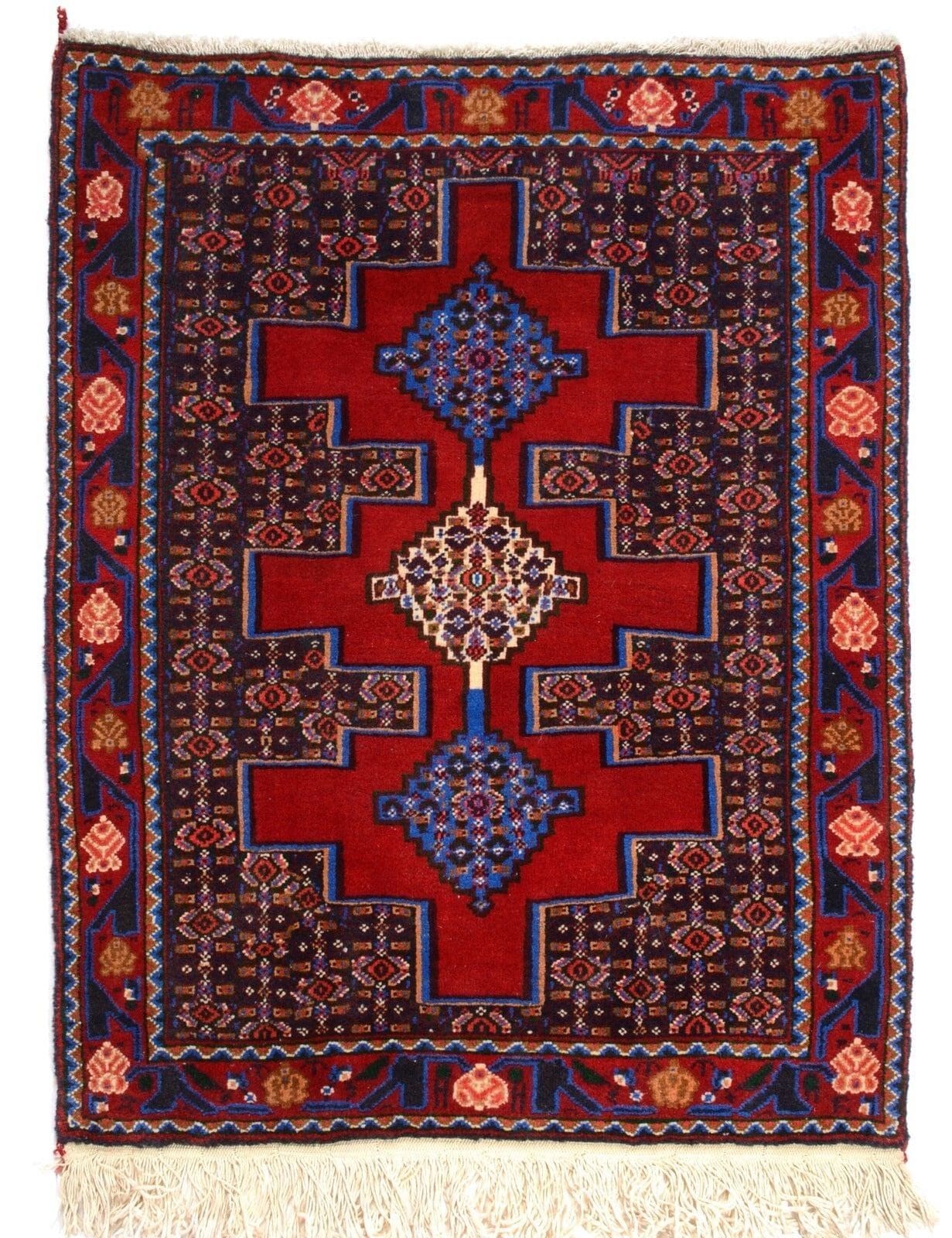 Orientteppich Perser Senneh 92x73 cm handgeknüpft Wolle Rot Blau