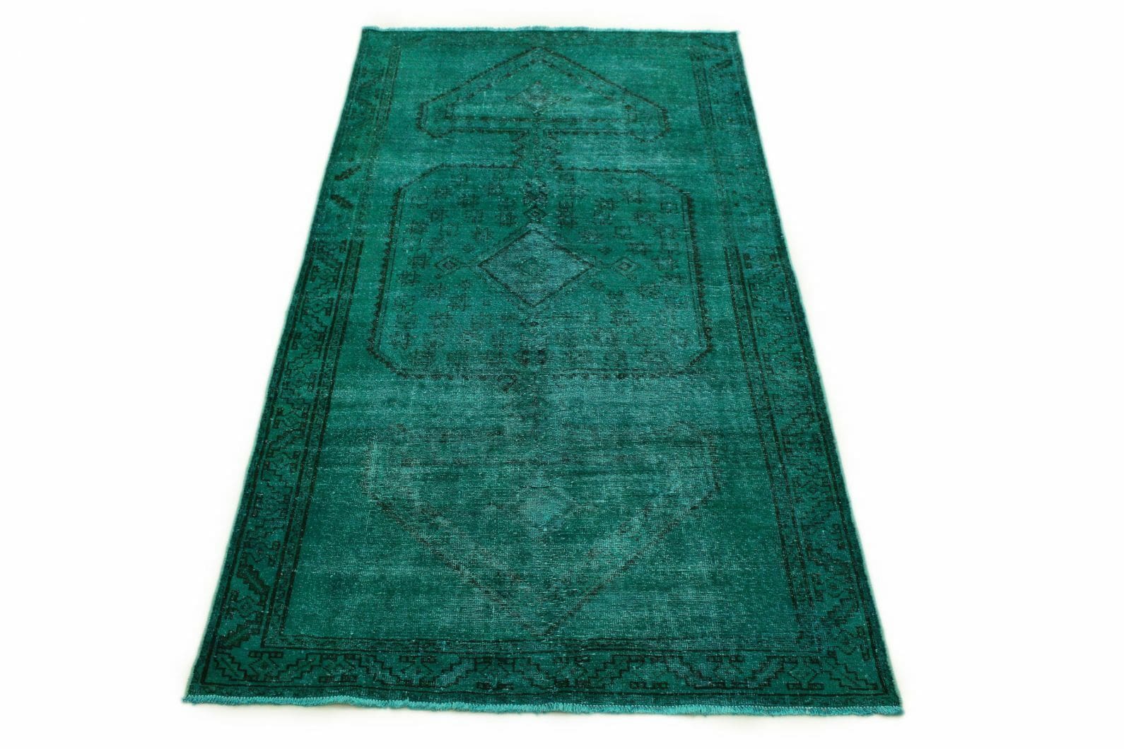 Orientteppich Türkis Grün 285x142cm, Vintage Design, handgeknüpft