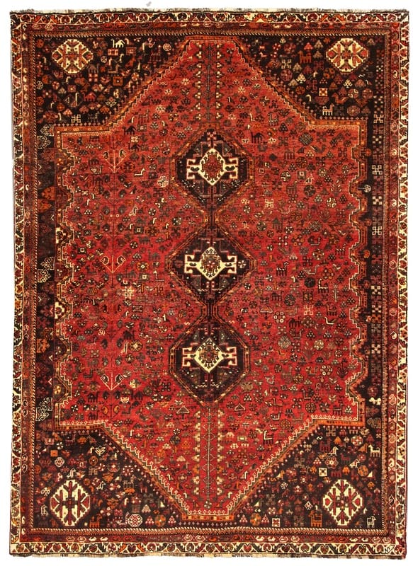 Shiraz Teppich 298x216 cm, rote Bergamotten-Motive, Perserteppich handgeknüpft
