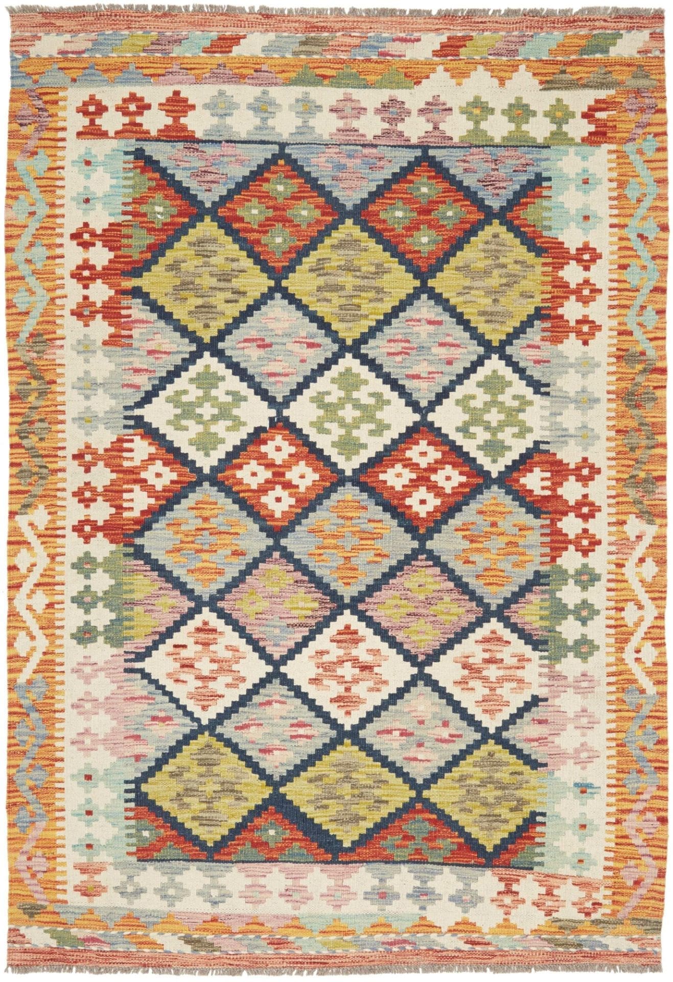 Kelim Teppich 128 x 184 cm, rustikal, Schurwolle, handgewebt